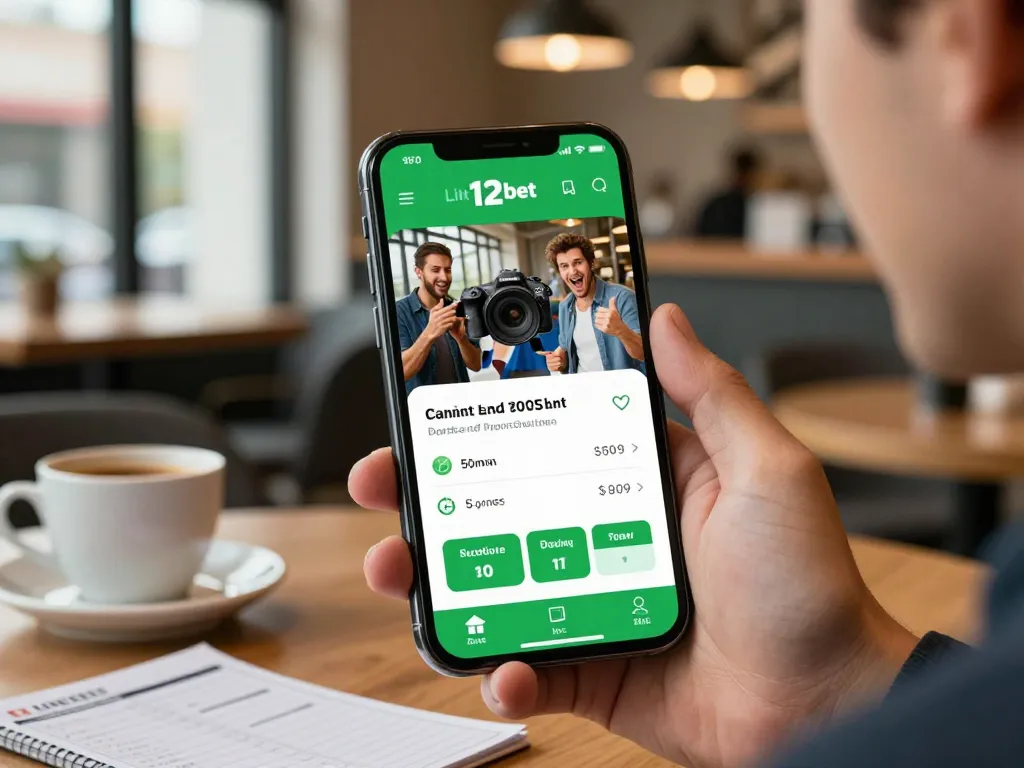 Đặt cược bằng ứng dụng Liên Kết 12bet trên điện thoại thông minh trong một quán cà phê ấm cúng
