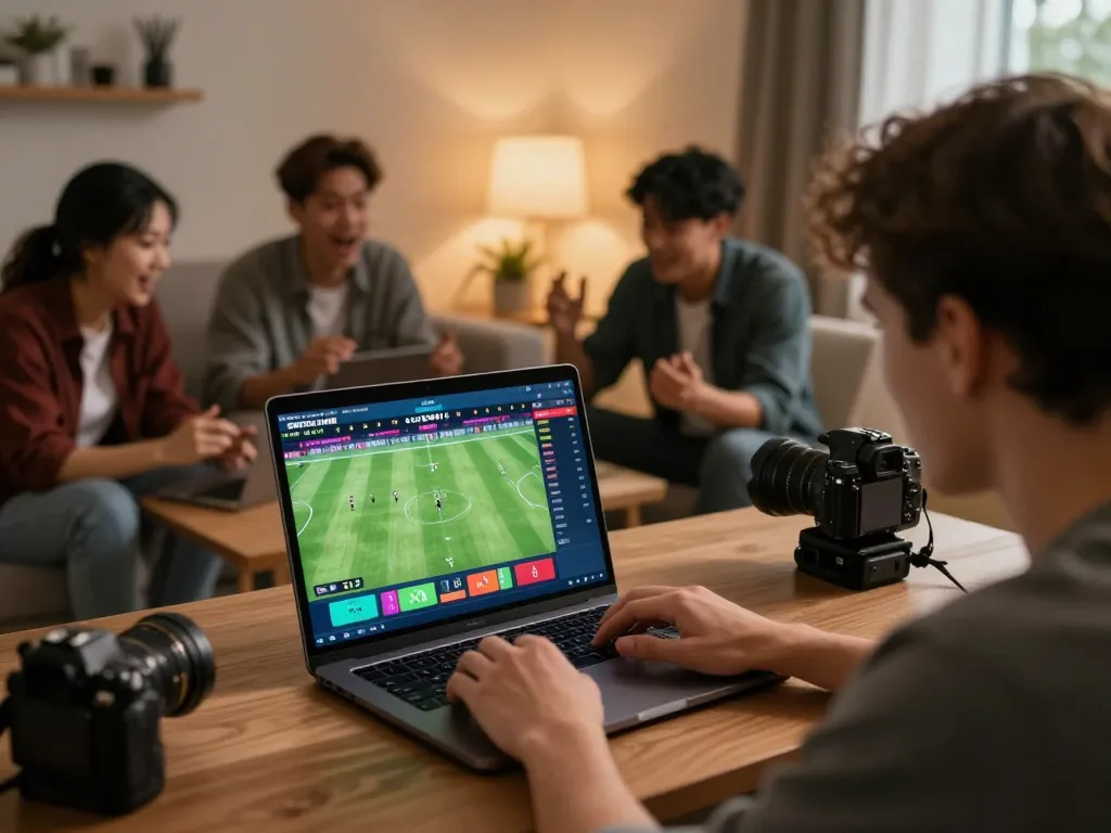 SOCOLIVE sports betting with a live match interface on laptop and engaged friends strategizing.