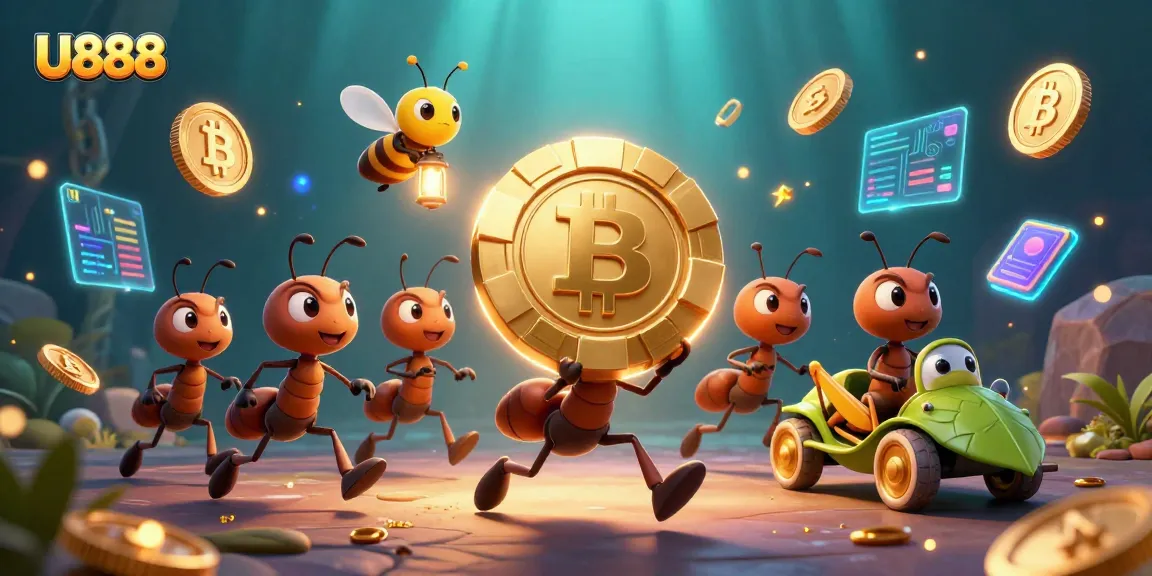 U888 team of ants executes a thrilling heist with a golden poker chip amidst vibrant casino elements.