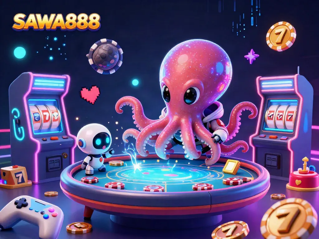 Engage with the lively universe of SAWA888, featuring an alien octopus at a poker table amidst vibrant gaming elements.