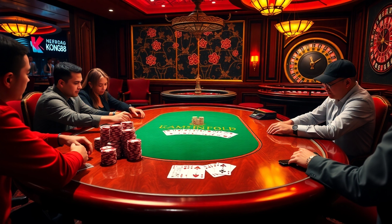 Players placing bets at Nhà cái KONG88 poker table, showcasing cards and chips in a thrilling atmosphere.
