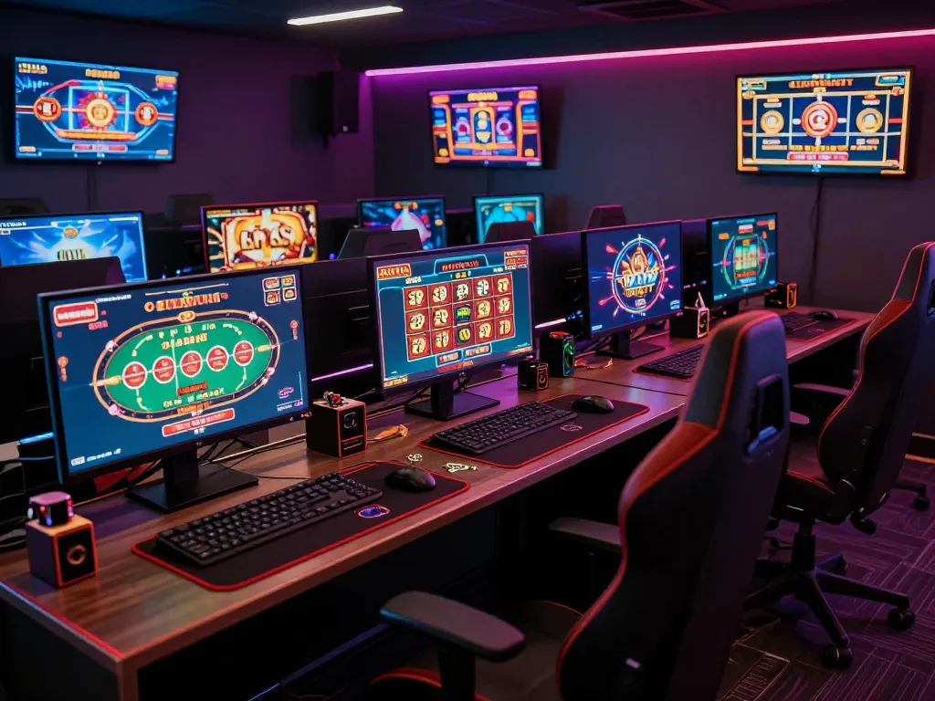 Engaging scene of an online gaming room showcasing FC88 with multiple casino games and vibrant setup