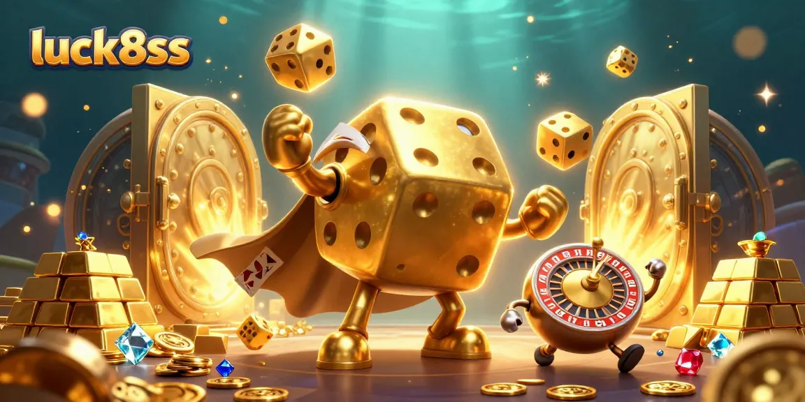 Join luck8ss in a vibrant casino scene with golden dice and treasures bursting with excitement.