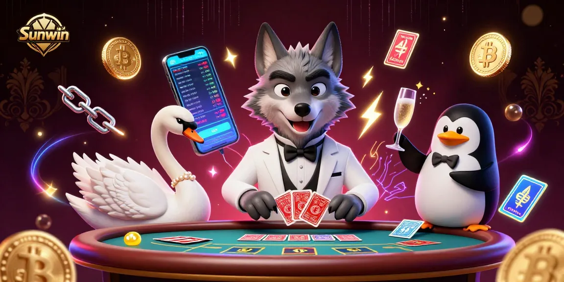 Join Sunwin for high-stakes baccarat with a charming wolf and elegant swan in a vibrant casino scene.