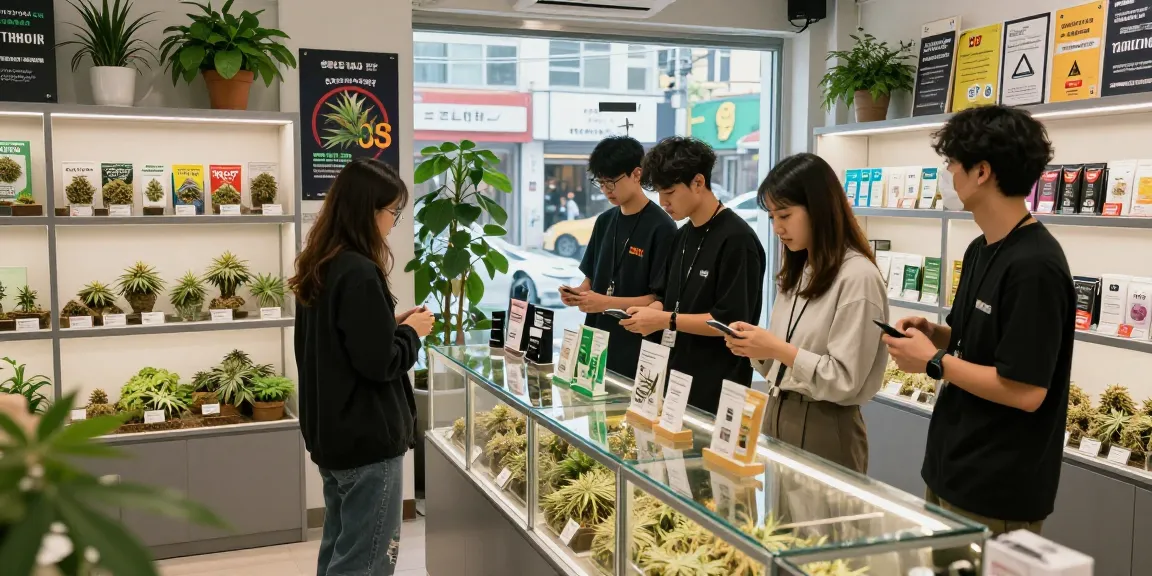 Exploring weed in Seoul at a contemporary cannabis shop with diverse patrons browsing strains.