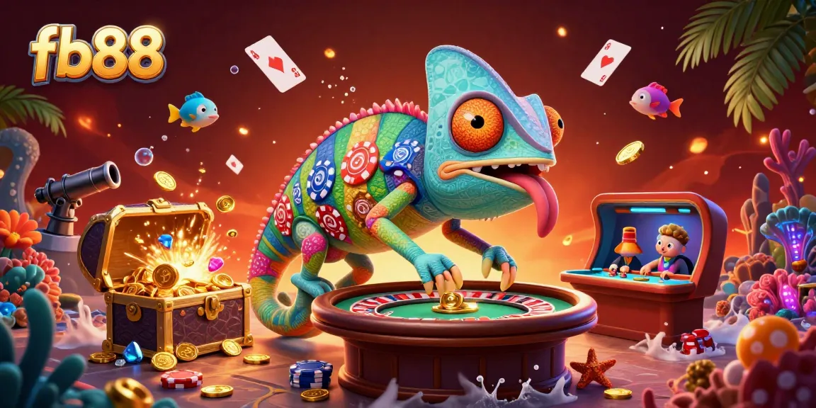 Experience the excitement of fb88 with a vibrant chameleon casino owner surrounded by treasure and games.