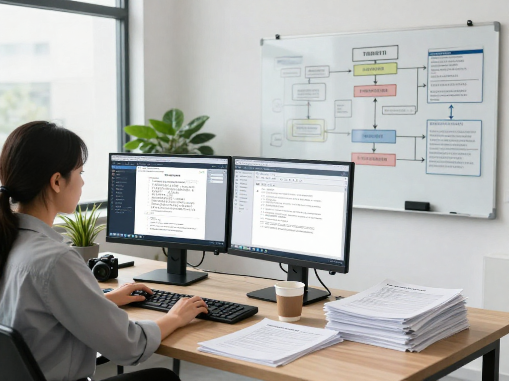 Document fraud detection workspace with an analyst monitoring suspicious alerts on dual screens, embodying effective investigation.
