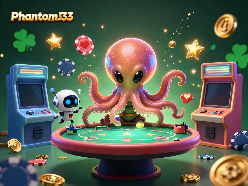 Experience exciting poker action with Phantom333's vibrant 3D alien octopus illustration.