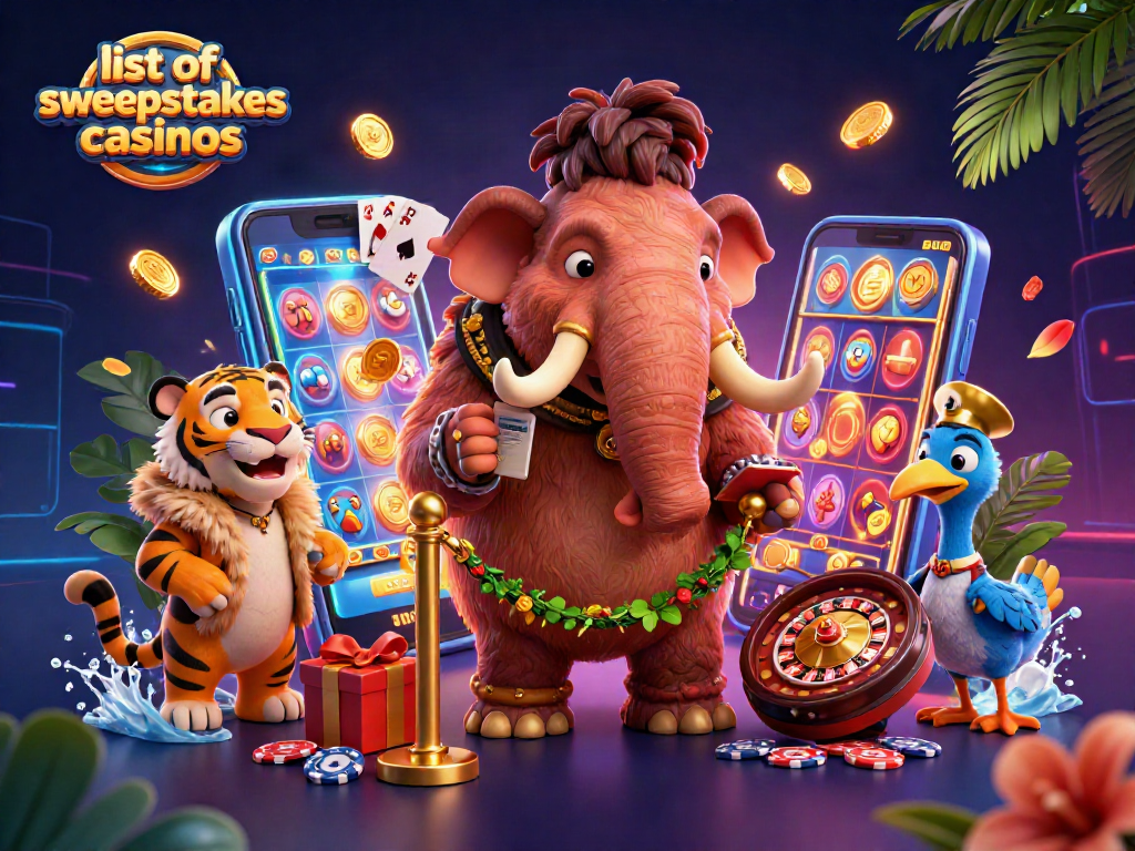 Engage with the colorful list of sweepstakes casinos illustrated by a woolly mammoth bouncer and saber-tooth tiger.