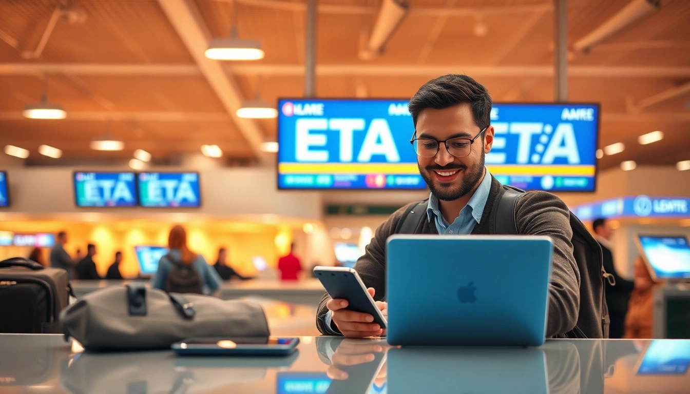 Process the uk eta online application at the airport, emphasizing travel readiness.