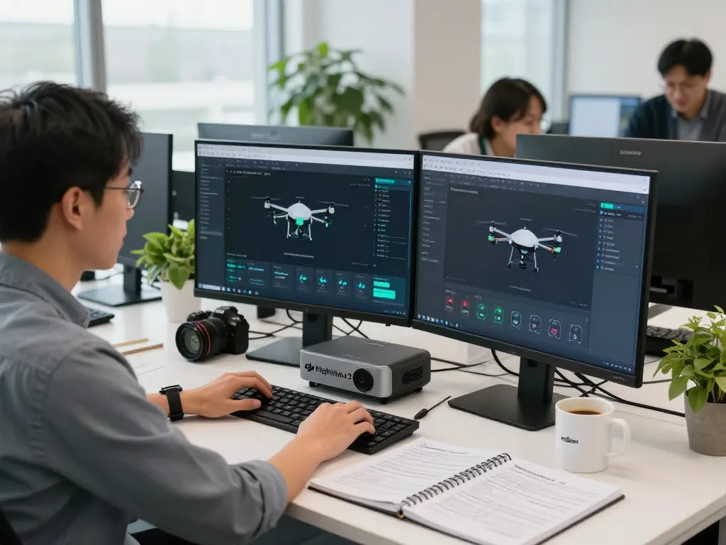 IT professional managing dji flighthub on premises in a modern office setting with multiple screens and tech notes