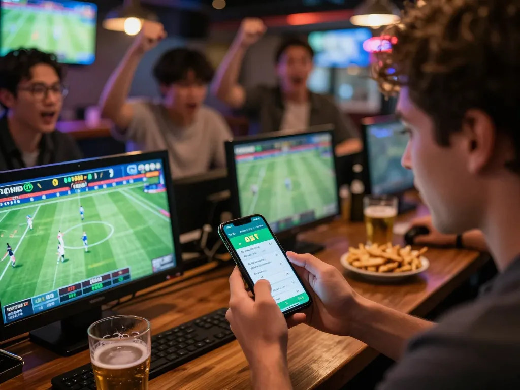 Engaging sports betting scene featuring keo nha cai 5 app analysis in a vibrant bar atmosphere