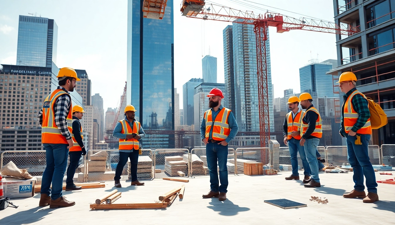 Manhattan General Contractor overseeing a construction project with skilled workers in a vibrant city setting.
