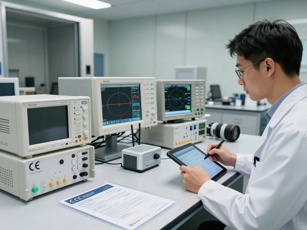 CE certification testing in a modern EMC lab, engineer analyzing RF compliance results.