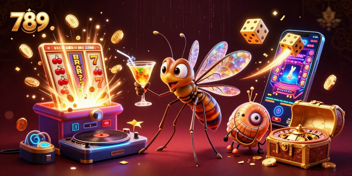 Experience thrilling gaming with 789 as a mosquito mascot, golden roulette wheel, and DJ in vibrant casino scene.