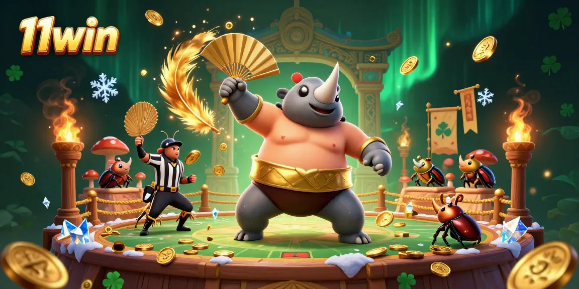 11win promotes exciting gameplay with a beetle champion and golden coins flying at a vibrant casino.