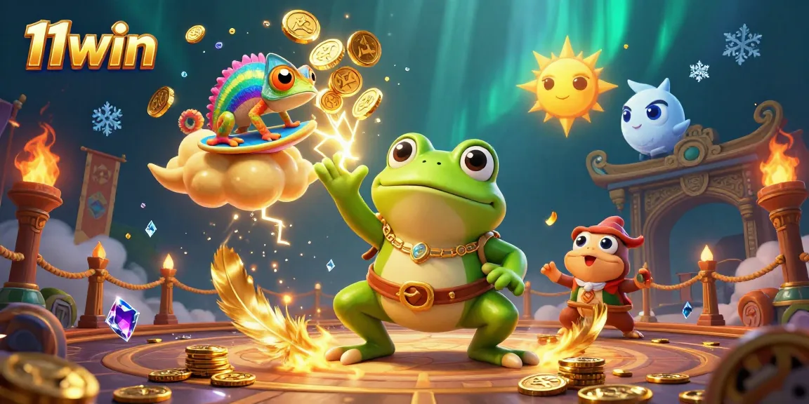 Experience the excitement of gambling with 11win's enchanted frog amidst a gold coin storm.