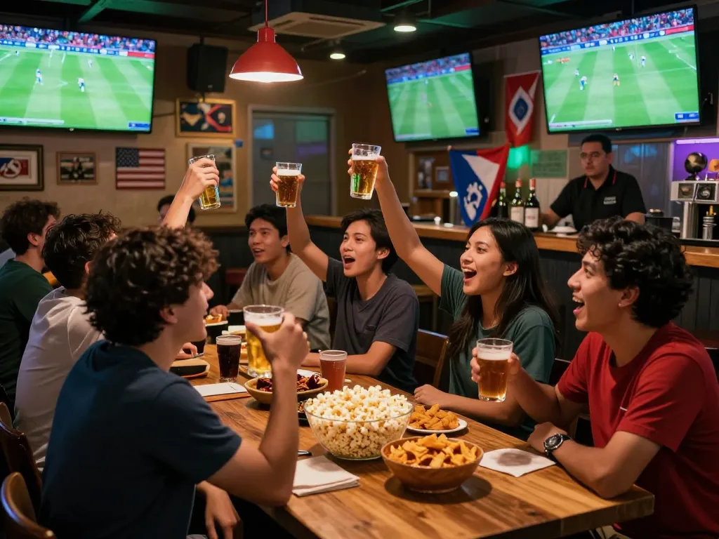 Exciting Judi Bola betting atmosphere in a lively sports bar, friends cheering, live games on screens.