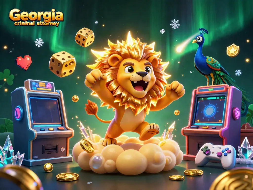Experience engaging gameplay with a Georgia criminal attorney lion character at a slot machine, showcasing vibrant casino elements.