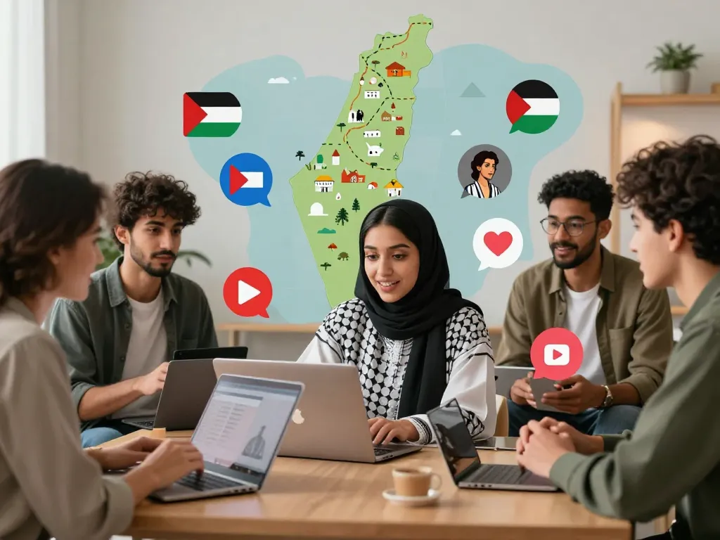 شات فلسطين digital chat scene with diverse young Palestinians engaging in friendly conversations.