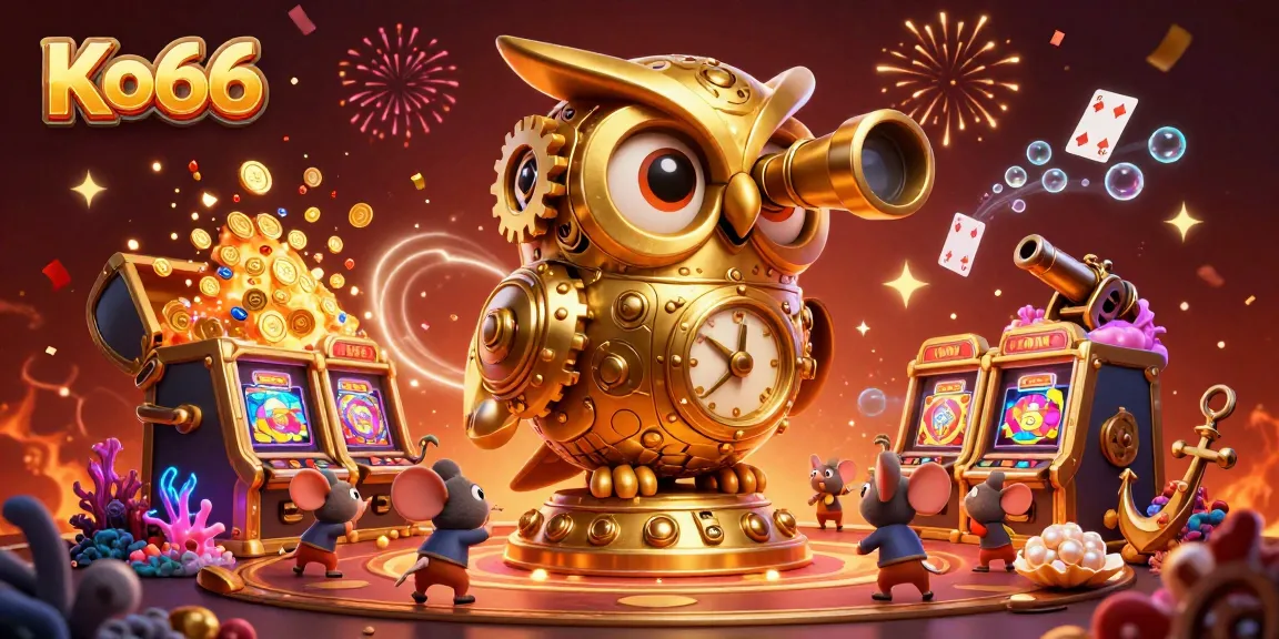 Spin the reels at Ko66 while the majestic owl oversees a festive casino scene.