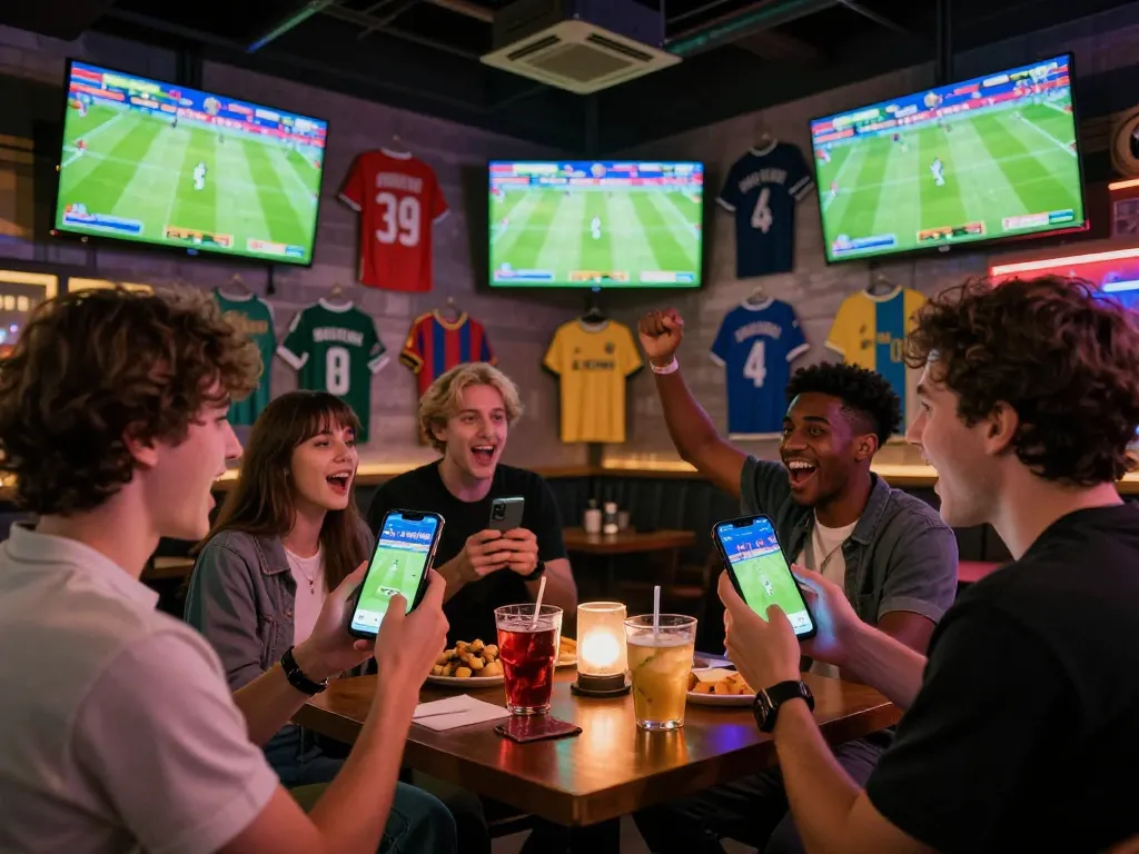 Friends enjoying an exciting football match while using the OKFUN app for sports betting.