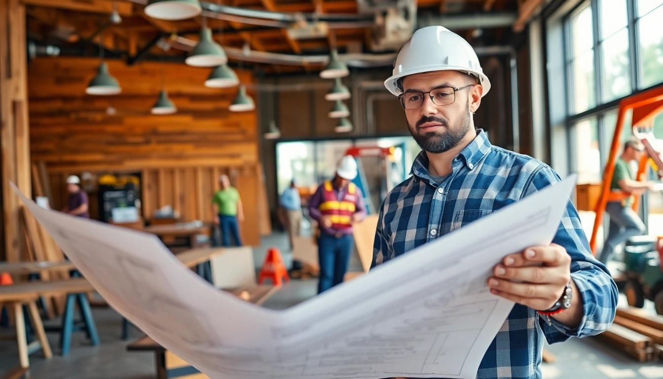 Restaurant buildout contractor Austin supervising a busy construction site with detailed plans.