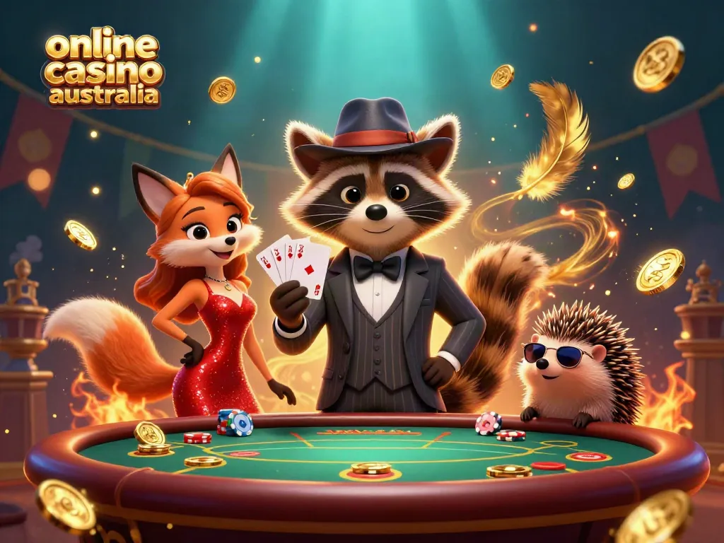 Enjoy a vibrant scene showcasing online casino Australia with characters engaged in poker amidst immersive elements.