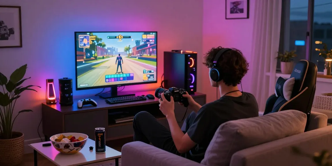 Engaging in an NSFW AI game experience, showcasing vibrant gaming setup and relaxed atmosphere.