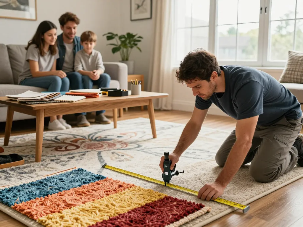 Home carpet fitting services showcased with a professional installer working in a bright living room.
