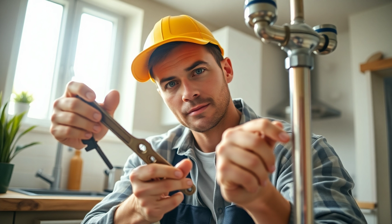 Plumber near me repairing a leak with tools in a modern kitchen setting.