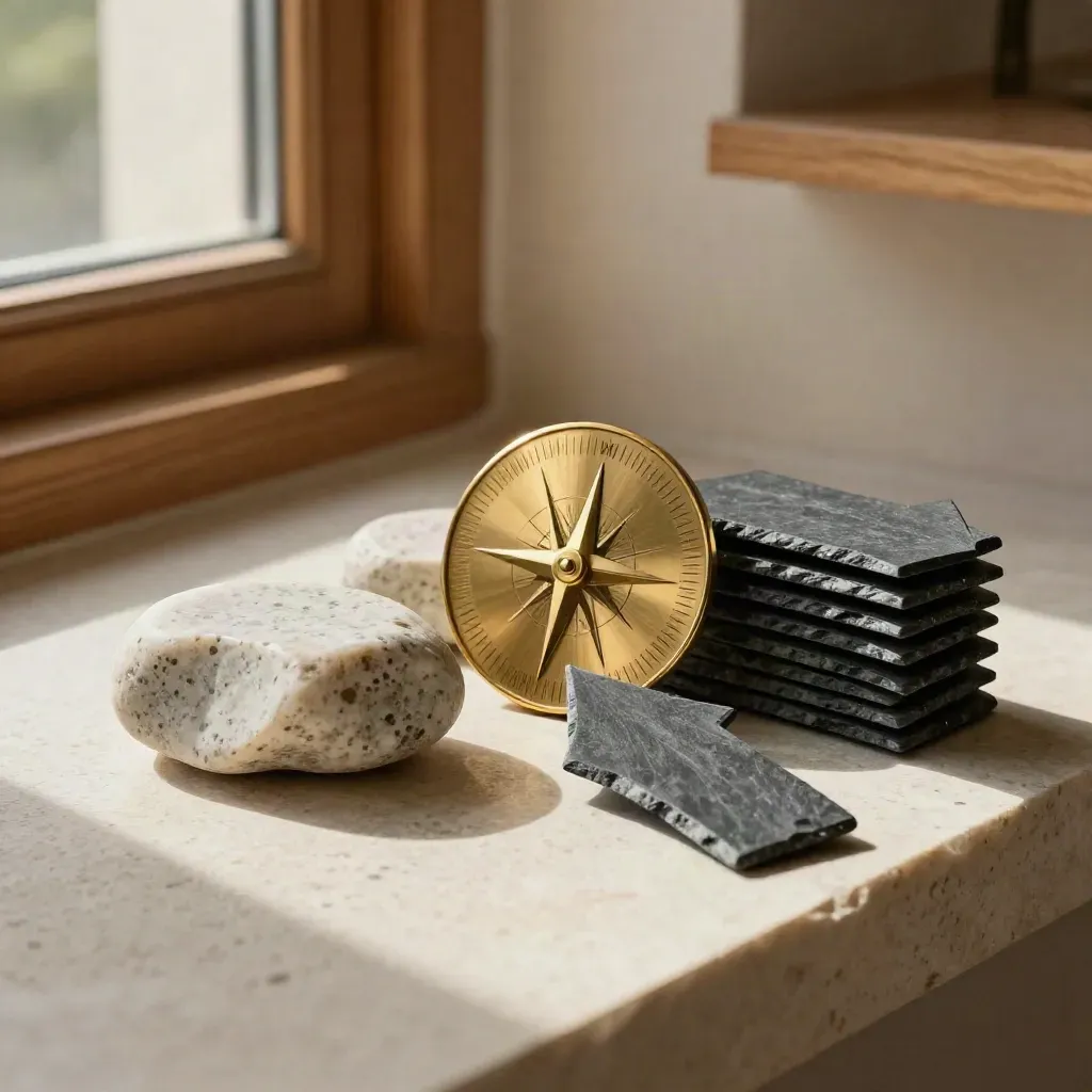 Weighted stones, brass disc, and arrow tabs on travertine in warm window light.