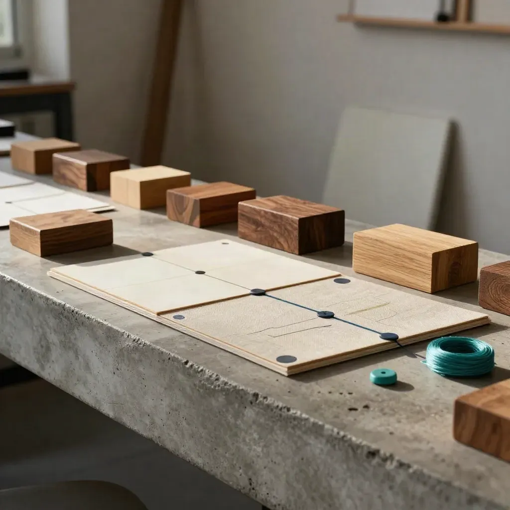 Wooden blocks, folded cards, and linen mat on a concrete ledge in a moody workshop