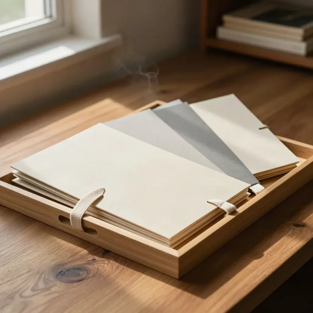 Cream folders and sample boards in an oak tray on a sunlit workbench.
