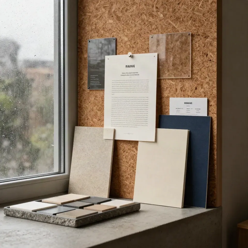 Cork concept wall with sample cards, stone tray and folded boards in moody studio light.