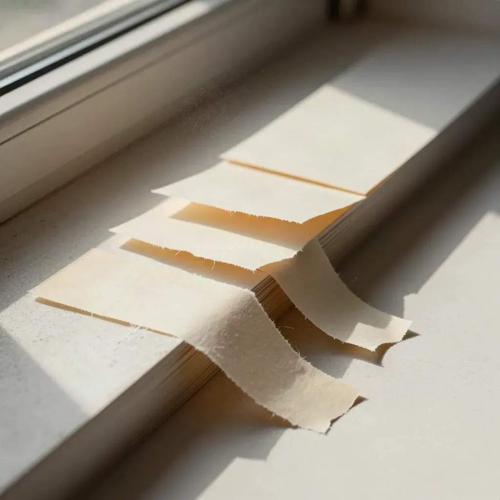 Torn paper strips and blank copy cards resolving into a neat audit stack on plaster.