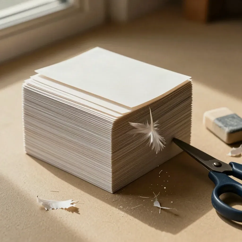 Top-down draft cards cut down beside paper shears and eraser dust on warm plaster.