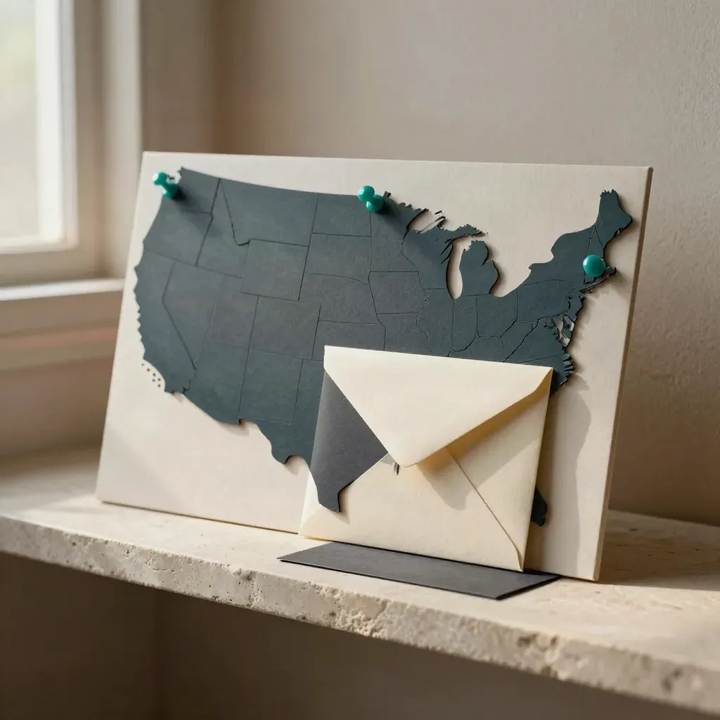 U.S. silhouette board with teal region pins and a sealed cream envelope on a pale stone shelf.