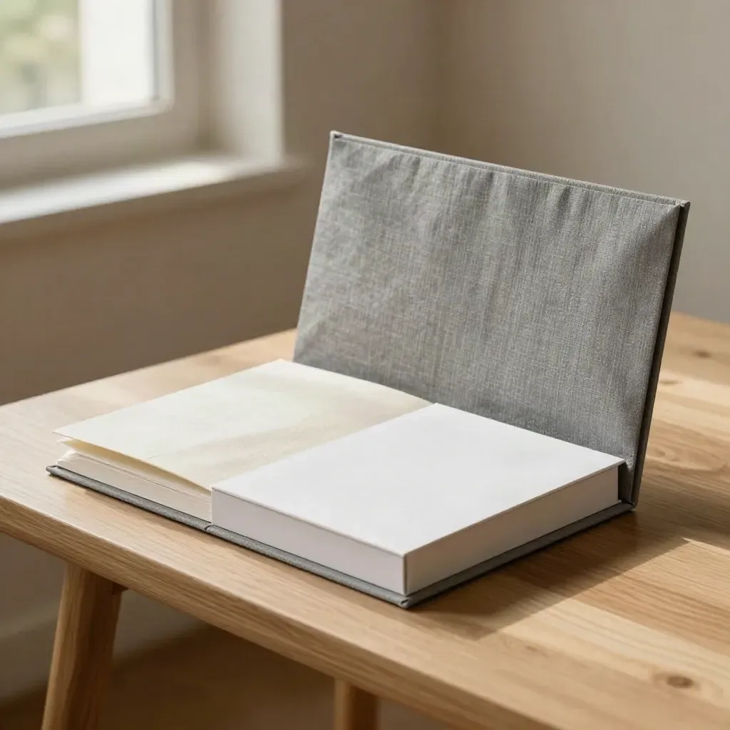 Linen portfolio with concept sleeves and sealed sample box on a sunlit oak bench.