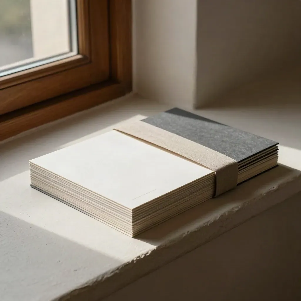 Final pitch-deck boards on a plaster ledge in warm window light, dust drifting through the beam.