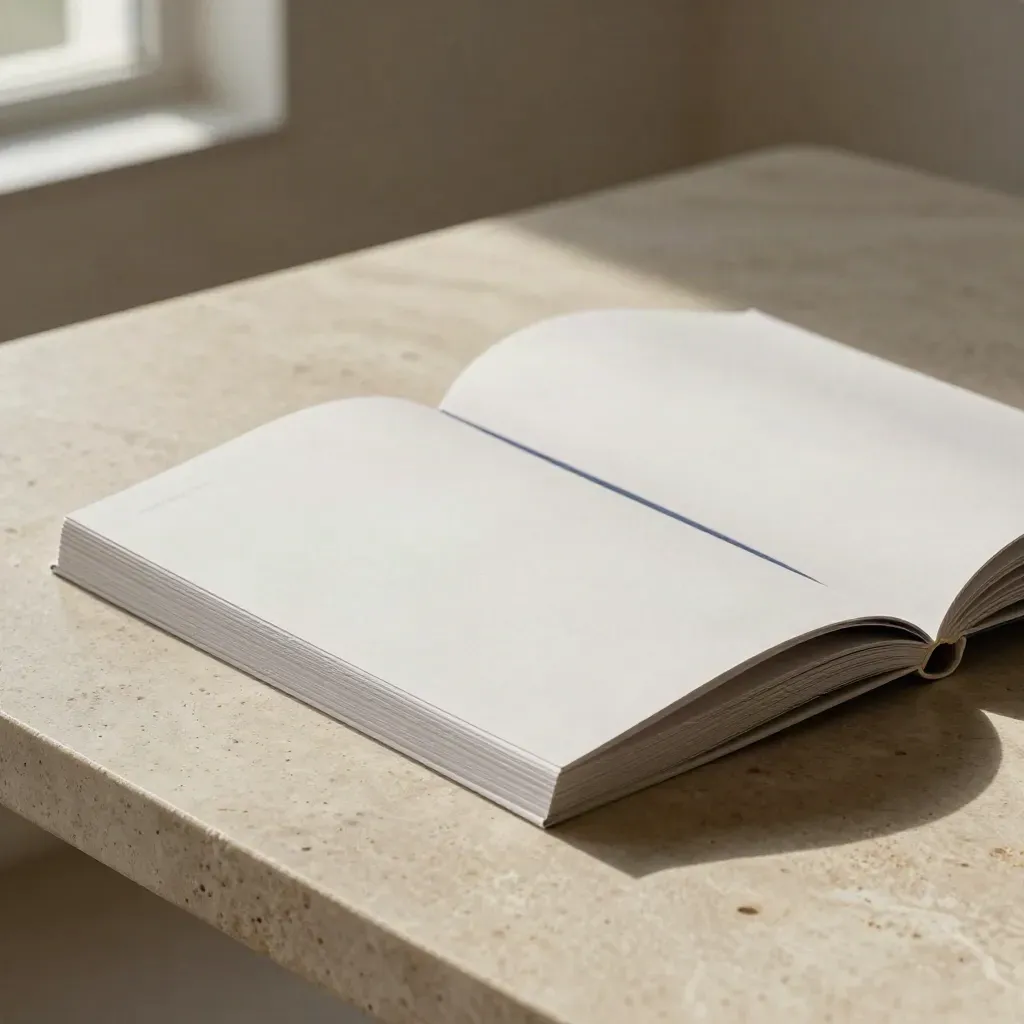 Low-angle stone table with slim boards, peeled page sections, and a navy accent in dramatic light.