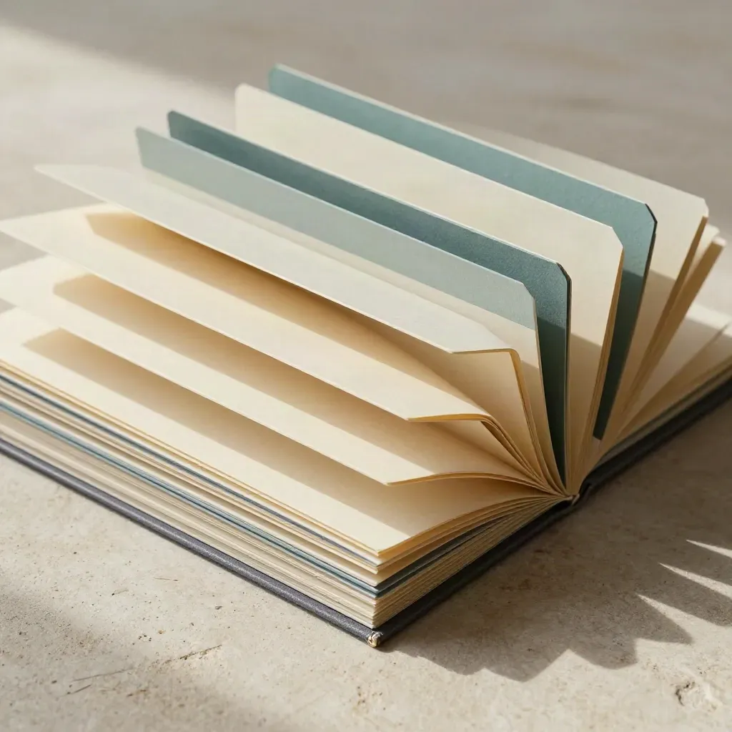 Twelve teal-tabbed folders and a central cue card settle into one aligned master script set.