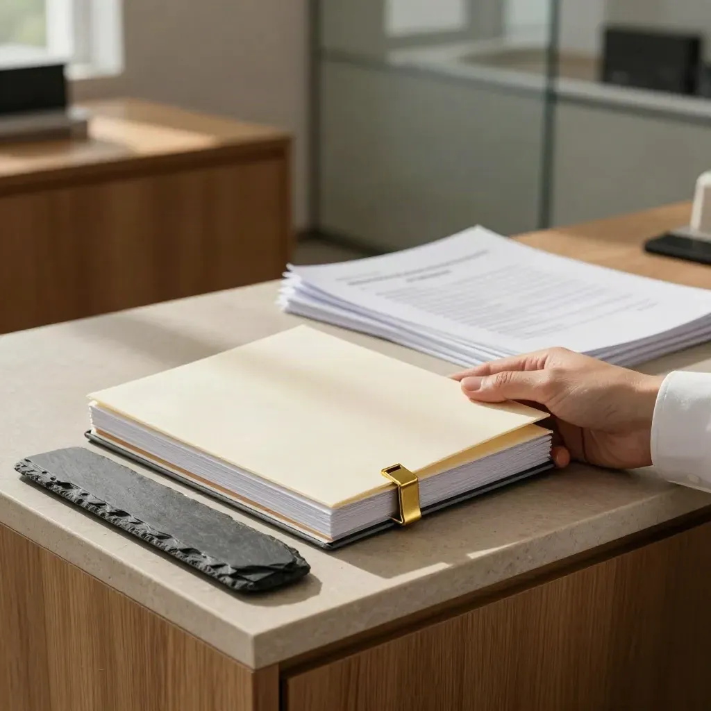 Cream investor deck sleeve with brass clip beside a discarded draft on a stone ledge