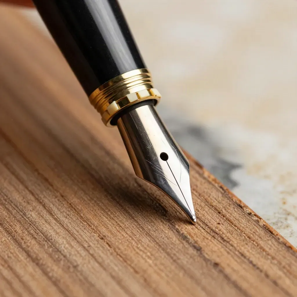 Extreme macro of a fountain pen nib, brass clip, and paper tabs on worn oak in warm light.
