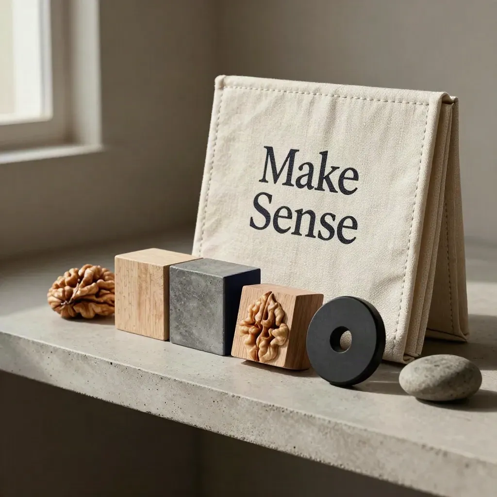 Strategy blocks and a linen board on a concrete shelf in dramatic side light.