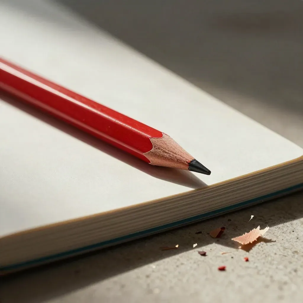 Red pencil, paper trimmings and blank card stack on pale stone in soft daylight.