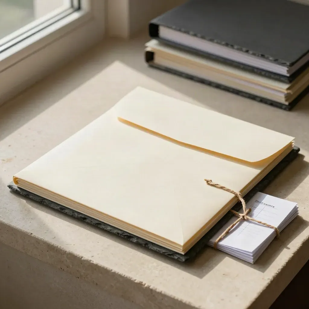 Consulting folders, cream envelope, and twine-tied briefing cards on pale stone.