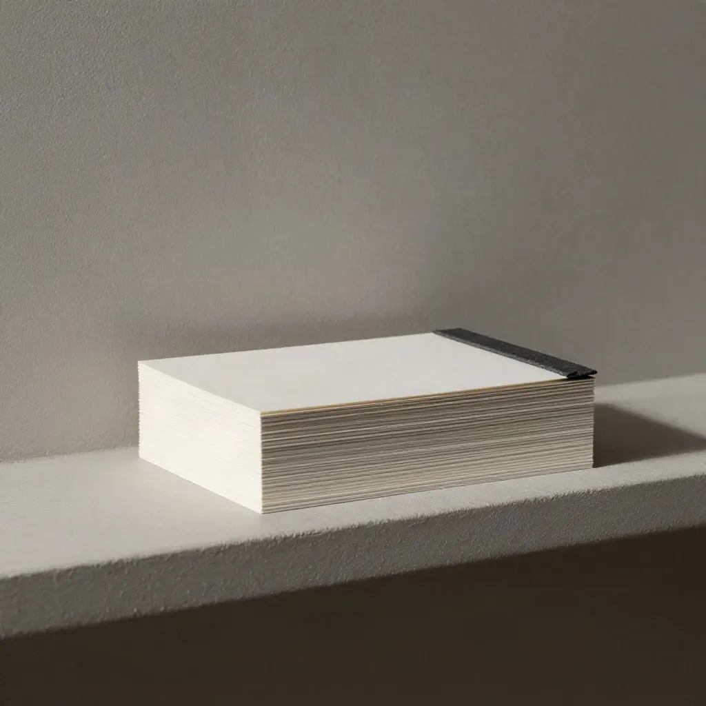 Blank proof cards with paperweight and tab on a plaster shelf, mid-slide in soft side light.