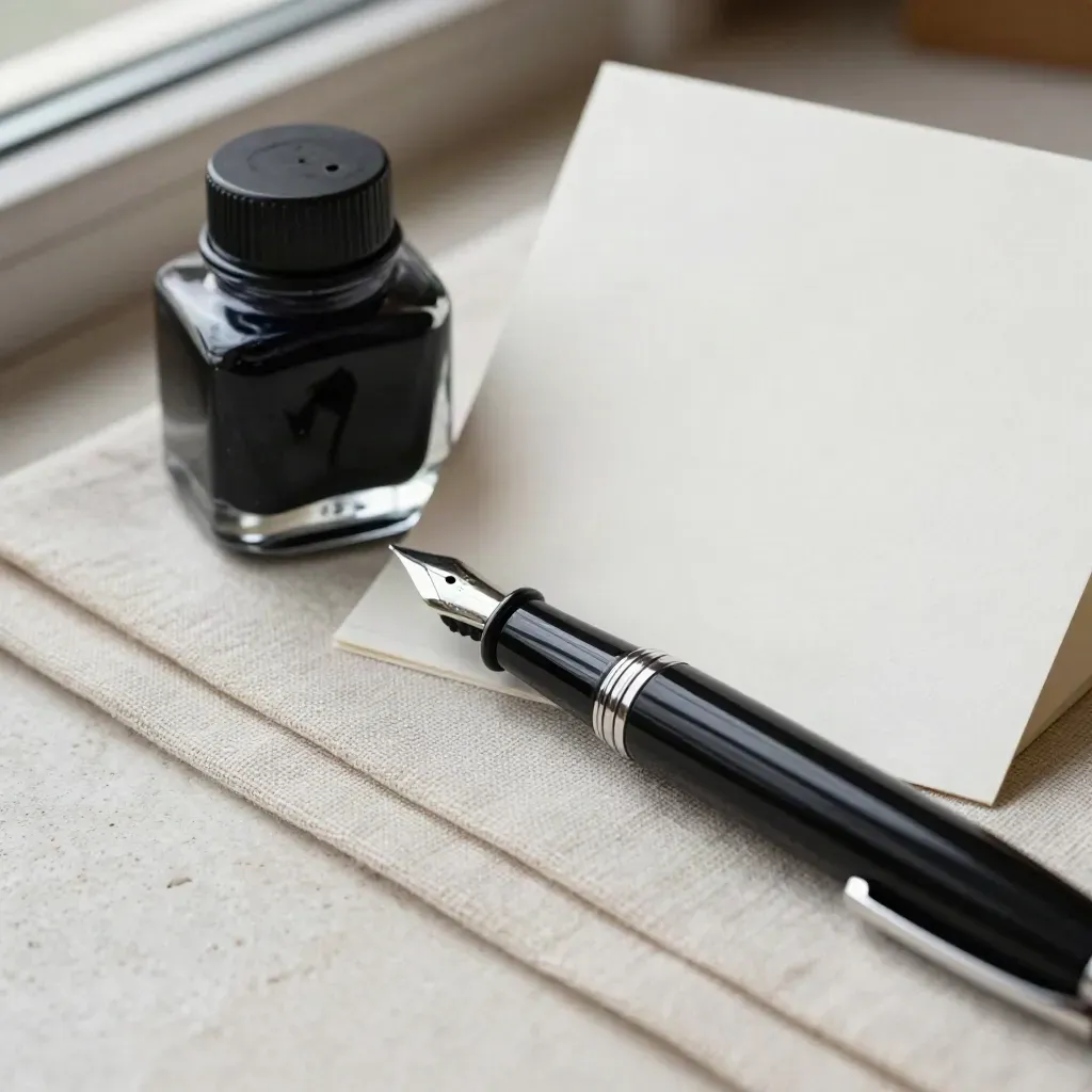 Fountain pen, ink bottle, folded card, and guides on linen in soft window light.