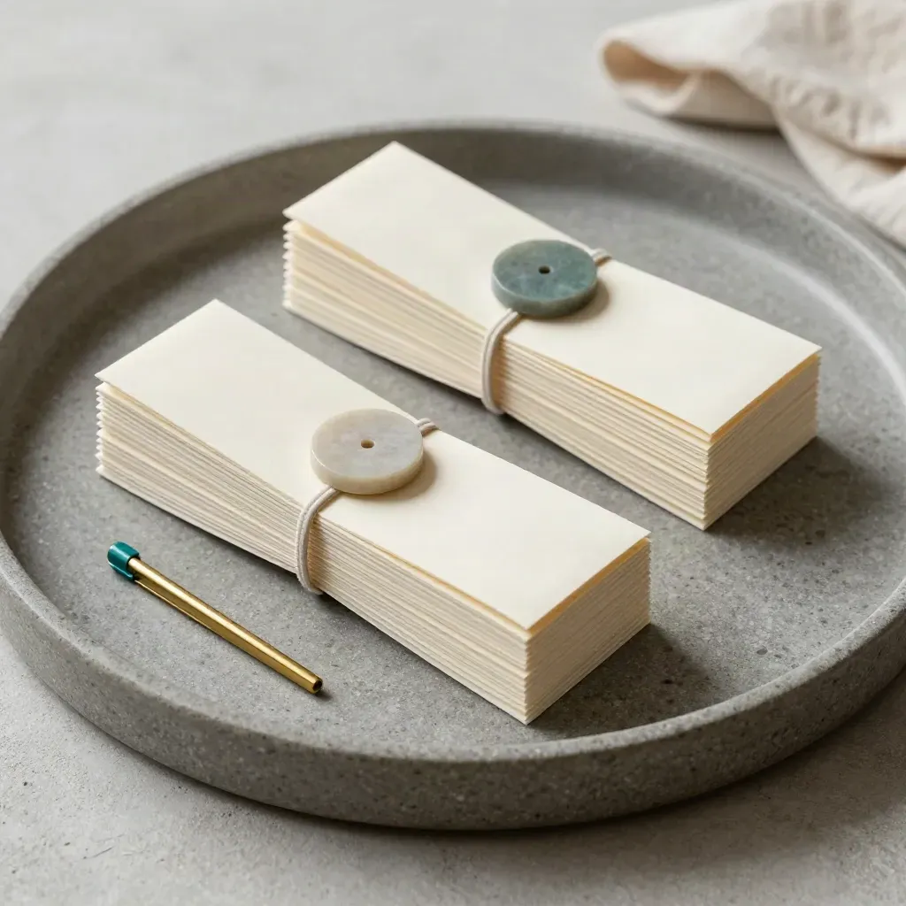 Stone tray with aligned draft bundles, check token and brass clip in soft teal accents.